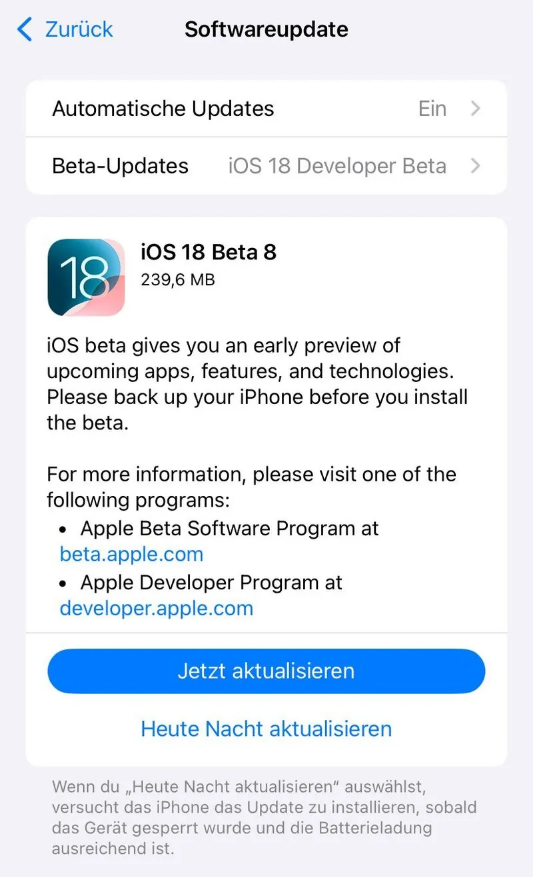 容县苹果手机维修分享苹果 iOS / iPadOS 18 开发者预览版 Beta 8 发布 